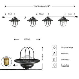 Milta 10-Light Indoor/Outdoor 10 ft. Rustic Farmhouse Incandescent G40 Metal Cage Shade String Lights, Black