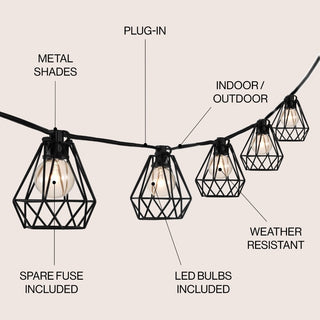 Londo 10-Light Indoor/Outdoor 10 ft. Contemporary Transitional Incandescent G40 Diamond Cage String Lights, Black