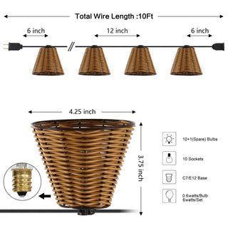 Hampton 10-Light Indoor/Outdoor 10 ft. Classic Cottage Incandescent G40 Faux-Rattan Shaded String Lights