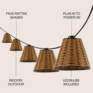 Hampton 10-Light Indoor/Outdoor 10 ft. Classic Cottage Incandescent G40 Faux-Rattan Shaded String Lights