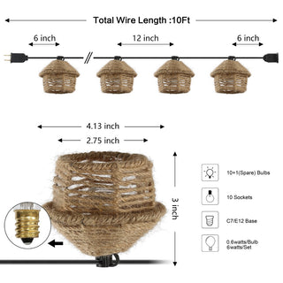 Vigdur 10-Light Indoor/Outdoor 10 ft. Mid-Century Vintage Incandescent G40 Tiki Hut Hemp Rope Shaded String Lights