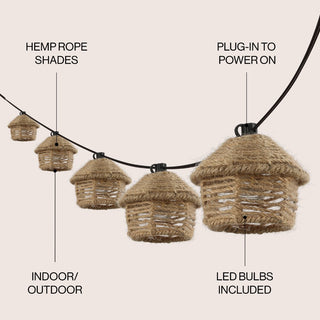 Vigdur 10-Light Indoor/Outdoor 10 ft. Mid-Century Vintage Incandescent G40 Tiki Hut Hemp Rope Shaded String Lights