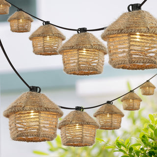 Vigdur 10-Light Indoor/Outdoor 10 ft. Mid-Century Vintage Incandescent G40 Tiki Hut Hemp Rope Shaded String Lights