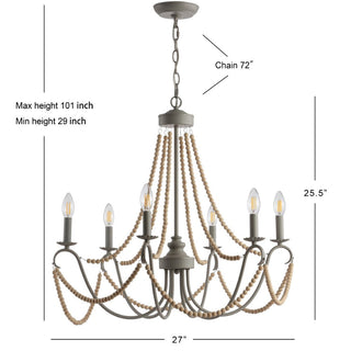 Azuero 6-Light 27" Adjustable Greige Metal/Wood Bead LED Chandelier