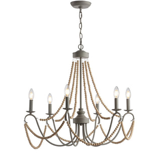 Azuero 6-Light 27" Adjustable Greige Metal/Wood Bead LED Chandelier