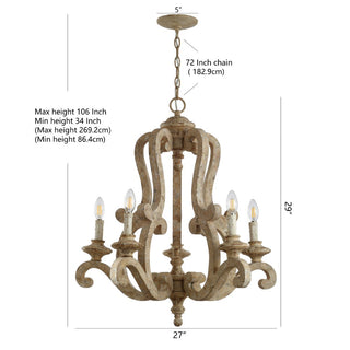 Capote 5-Light 27" Adjustable Wood/Iron Rustic Scrolled LED Chandelier