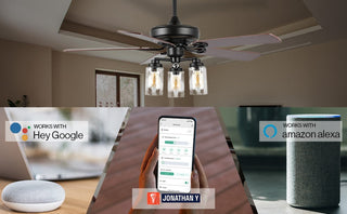 Hunter 52"  Rustic Industrial Iron/Wood/Seeded Glass Mobile-App/Remote-Controlled LED Ceiling Fan