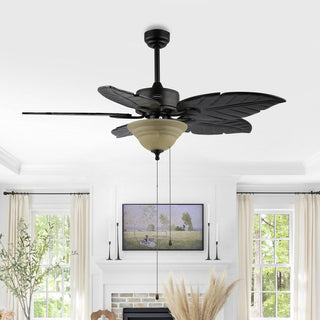 Quincy 52" Coastal Bohemian Iron/Wood Palm Leaf LED Ceiling Fan with Pull Chain