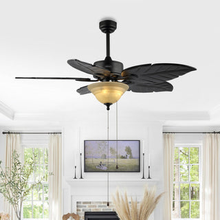 Quincy 52" Coastal Bohemian Iron/Wood Palm Leaf LED Ceiling Fan with Pull Chain