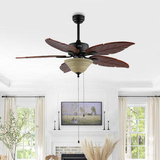 Quincy 52" Coastal Bohemian Iron/Wood Palm Leaf LED Ceiling Fan with Pull Chain