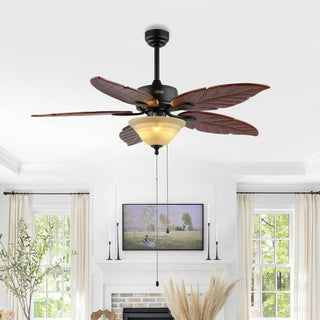 Quincy 52" Coastal Bohemian Iron/Wood Palm Leaf LED Ceiling Fan with Pull Chain