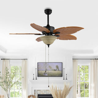 Quincy 52" Coastal Bohemian Iron/Wood Palm Leaf LED Ceiling Fan with Pull Chain