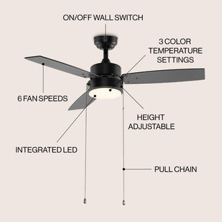 Minfeng 42" 1-Light Modern Minimalist 3-Speed Iron Height Adjustable Integrated LED Ceiling Fan with Pull Chains