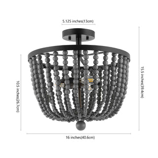 Kari Wood Bead 16" Bohemian Farmhouse Iron LED Semi Flush Mount