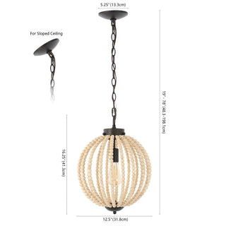 Klosm 12.5" Rustic Bohemian Iron/Wood Bead LED Pendant