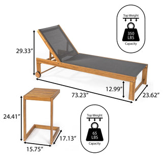 Wade Coastal Modern Acacia Wood Mesh 3-Position Outdoor Chaise Lounge Set with Side Table