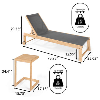 Wade Coastal Modern Acacia Wood Mesh 3-Position Outdoor Chaise Lounge Set with Side Table