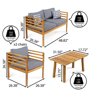 Oana 4-Piece Mid-Century Modern Acacia Wood Outdoor Patio Set with Cushions and Plaid Decorative Pillows