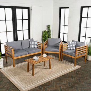 Oana 4-Piece Mid-Century Modern Acacia Wood Outdoor Patio Set with Cushions and Plaid Decorative Pillows