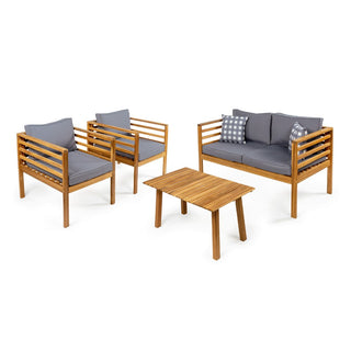 Oana 4-Piece Mid-Century Modern Acacia Wood Outdoor Patio Set with Cushions and Plaid Decorative Pillows