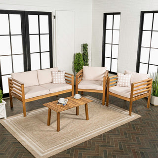 Oana 4-Piece Mid-Century Modern Acacia Wood Outdoor Patio Set with Cushions and Plaid Decorative Pillows