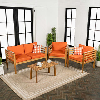 Oana 4-Piece Mid-Century Modern Acacia Wood Outdoor Patio Set with Cushions and Plaid Decorative Pillows