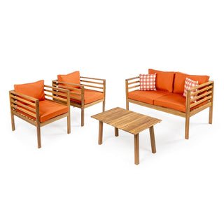 Oana 4-Piece Mid-Century Modern Acacia Wood Outdoor Patio Set with Cushions and Plaid Decorative Pillows