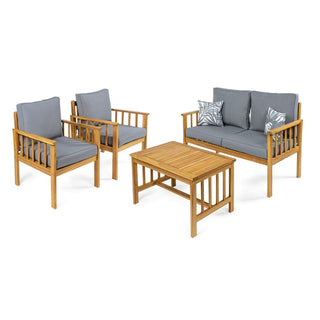 Tozey 4-Piece Modern Cottage Acacia Wood Outdoor Patio Set with Cushions and Tropical Decorative Pillows