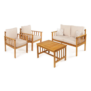 Tozey 4-Piece Modern Cottage Acacia Wood Outdoor Patio Set with Cushions and Tropical Decorative Pillows