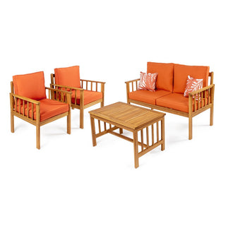 Tozey 4-Piece Modern Cottage Acacia Wood Outdoor Patio Set with Cushions and Tropical Decorative Pillows