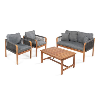 Alarice 4-Piece Modern Bohemian Acacia Wood Outdoor Patio Set with Cushions and Plain Decorative Pillows