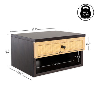 Laurel 15.71" Mid-Century Modern Floating Wall Mounted Nightstand with Soft-Close Rattan Drawer and Cable Hole