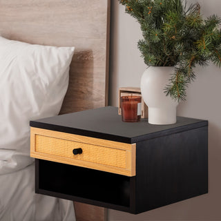 Laurel 15.71" Mid-Century Modern Floating Wall Mounted Nightstand with Soft-Close Rattan Drawer and Cable Hole