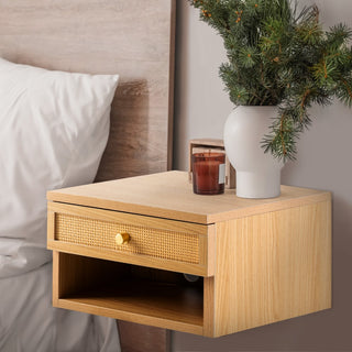 Laurel 15.71" Mid-Century Modern Floating Wall Mounted Nightstand with Soft-Close Rattan Drawer and Cable Hole