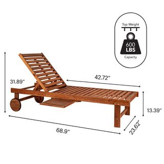 Skido Outdoor Acacia Wood Lounger with Cushion, 5-Position Back, Slide Table & Wheels