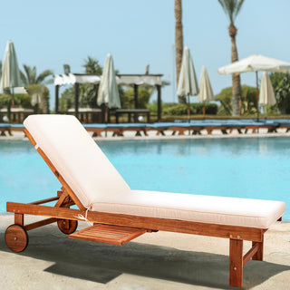 Skido Outdoor Acacia Wood Lounger with Cushion, 5-Position Back, Slide Table & Wheels