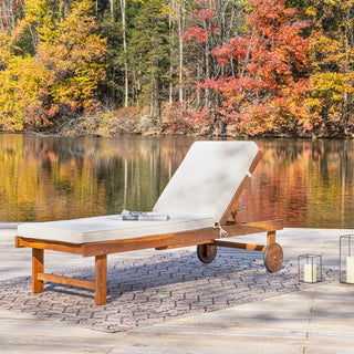 Skido Outdoor Acacia Wood Lounger with Cushion, 5-Position Back, Slide Table & Wheels