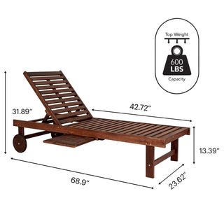 Skido Outdoor Acacia Wood Lounger with Cushion, 5-Position Back, Slide Table & Wheels