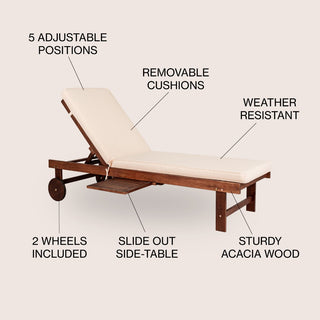 Skido Outdoor Acacia Wood Lounger with Cushion, 5-Position Back, Slide Table & Wheels