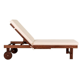 Skido Outdoor Acacia Wood Lounger with Cushion, 5-Position Back, Slide Table & Wheels