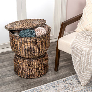 Bhola 18" Hourglass Handwoven Hyacinth Storage Accent Table with Lid