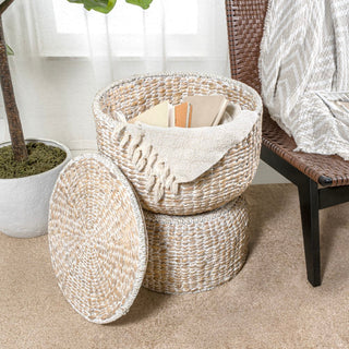 Bhola 18" Hourglass Handwoven Hyacinth Storage Accent Table with Lid