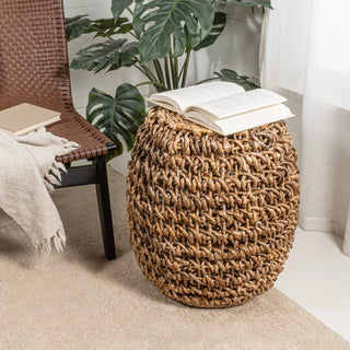 nipoibu 21" Rustic Bohemian Barrel-Style Abaca/Iron Handwoven Stool