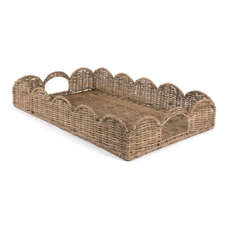 Scalloped 21.5" Southwestern Cottage Hand-Woven Rattan Tray with Handles