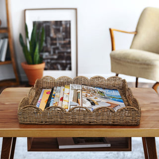 Scalloped 21.5" Southwestern Cottage Hand-Woven Rattan Tray with Handles