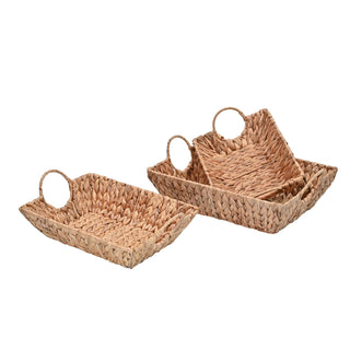 Aqua Bohemian Cottage Handwoven Hyacinth Rectangular Decorative Basket Trays with Handles