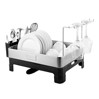 Simple Dish Drying Rack & Tray With Swivel Drain Spout, Wine Glass Holder