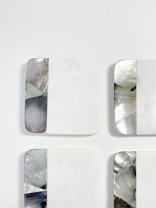 Grey Mother of Pearl White Marble Coasters with Holder (set of 4) by Anaya