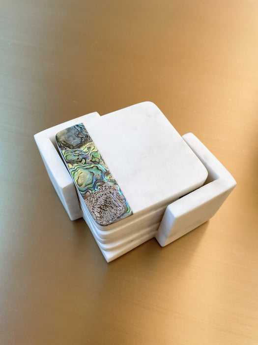 Rainbow Mother of Pearl White Marble Coasters with Holder (set of 4) by Anaya