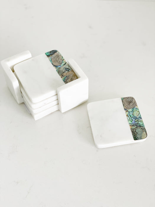 Rainbow Mother of Pearl White Marble Coasters with Holder (set of 4) by Anaya